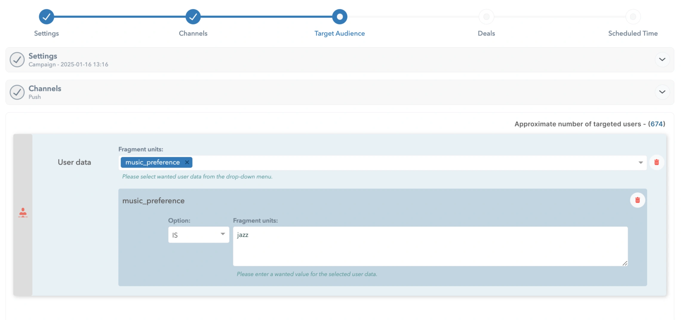 Custom user data option, target audience feature