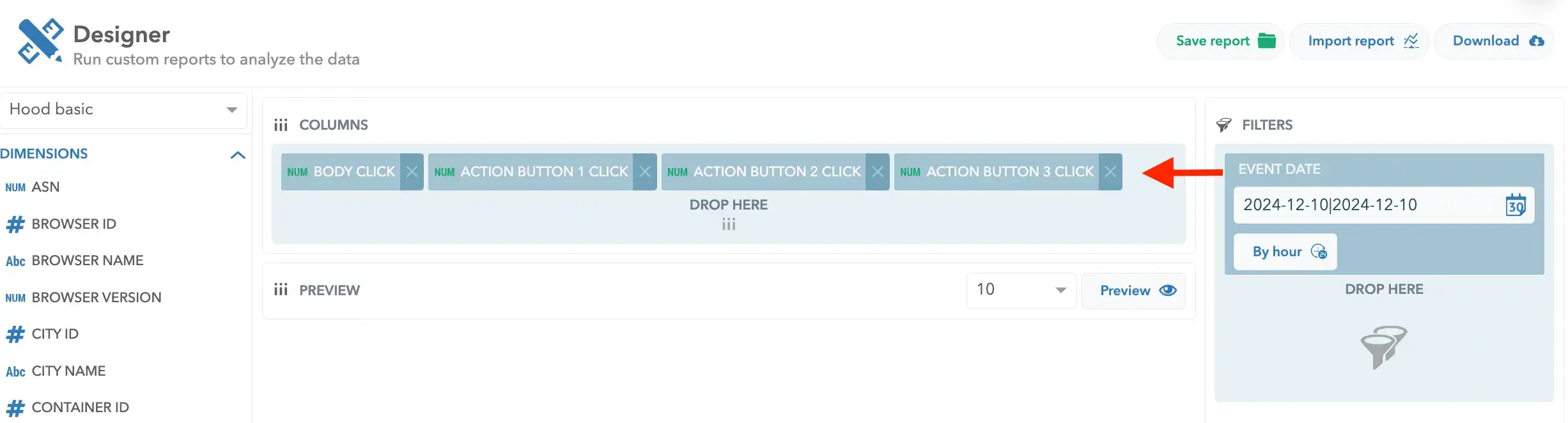 HoodEngage's Reports designer, Action button statistics